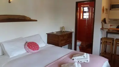 a bedroom with a white bed with a pink pillow on it at PuraVida Divehouse in Sagres
