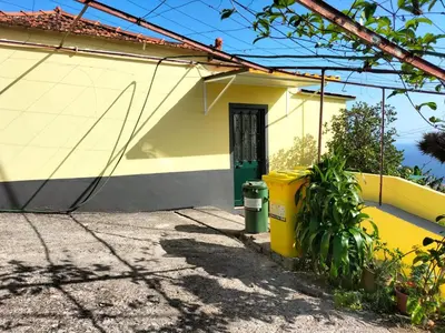 a small yellow house with a green door at Quintinha dos Reis in Funchal