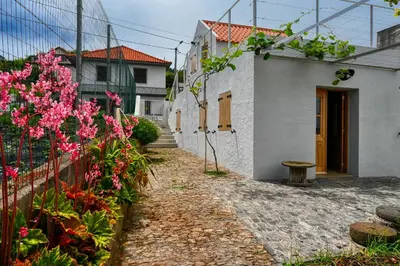 a cobblestone alley in a house with pink flowers at O Lagar do Avô, a Home in Madeira in São Jorge