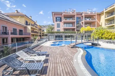 a swimming pool with a palm tree in front of a building at Living Funchal by Homie in Funchal
