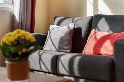 a gray couch with pillows and a vase of flowers on a table at Vigário House in Câmara de Lobos