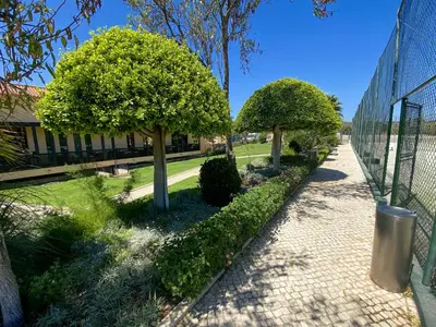 a sidewalk with trees next to a building at Baia da Luz - Nuzone Apartment in Luz