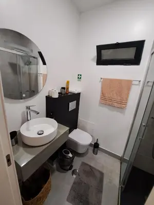 a bathroom with a sink and a toilet and a mirror at Friendly house in Funchal