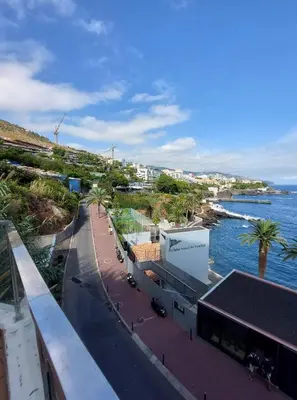 a street next to the water with palm trees at A Cornes Of The Atlantic in Funchal