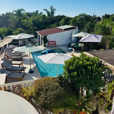 an overhead view of a swimming pool with umbrellas and chairs at Palm View Guesthouse, adults only in Luz