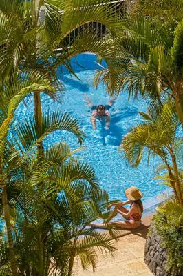two people in a swimming pool with palm trees at Quinta da Falésia II by An Island Apart in Funchal