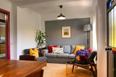 a living room with a gray couch with colorful pillows at Os Ferreirinhos, a Home in Madeira in São Jorge