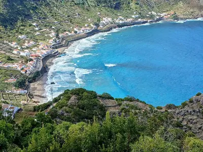 an aerial view of a beach and the ocean at Casinha do Barreiro - Cosy Private Cottage in Vila do Porto