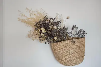 a vase filled with dried flowers on a wall at Casa Mateus in Vila do Bispo