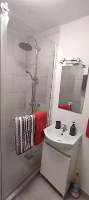 a white bathroom with a sink and a shower at Downtown Tiny House in Funchal