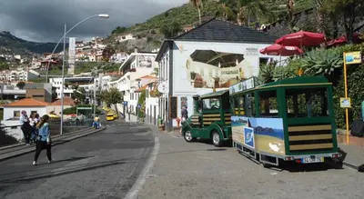 a green bus driving down a street in a town at Village Lobos Flat in Câmara de Lobos