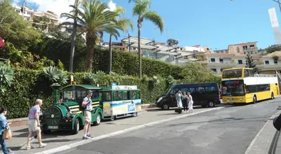 a group of people walking on a street with buses at Village Lobos Flat in Câmara de Lobos