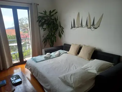 a bedroom with a bed and a window with a plant at Amazing SEA LIGHT Apartment, close to the beach. in Santa Cruz