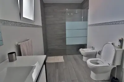 a bathroom with a toilet and a sink and a shower at Vila Castro in Estreito da Calheta