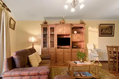 a living room with a couch and a tv at Palheiro Residence Familiar 1 in Funchal