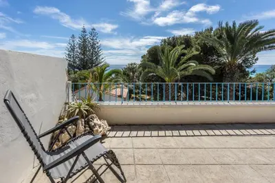a bench sitting on a balcony with palm trees at Formosa Beach in Porto Santo