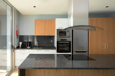 a kitchen with stainless steel appliances and wooden cabinets at King´s Paradise (Heated Pool and Sea View) in Estreito da Calheta