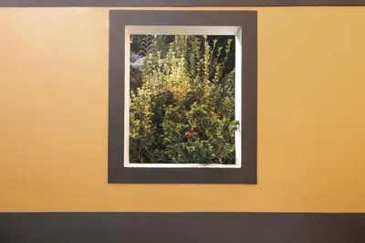 a picture of a painting on a yellow wall at Casa Cristina in Santo da Serra