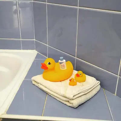 two rubber ducks sitting on a towel in a bathroom at Appartement Willy St. James Luz in Luz