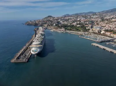 an aerial view of a cruise ship docked at a dock at avenida arriaga 405 in Funchal