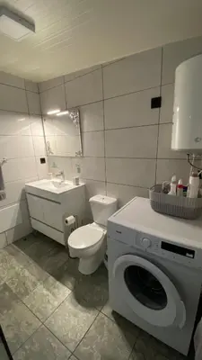 a bathroom with a toilet and a washing machine at Cozy 1 BR w/ balcony, ocean view & perfect sunsets in Ribeira Brava