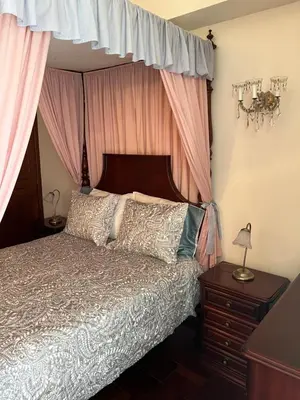 a bedroom with a canopy bed with pink curtains at Angie’s apartment in Funchal