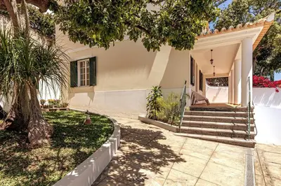a white house with stairs and a tree at Villa Carvalhal in Funchal