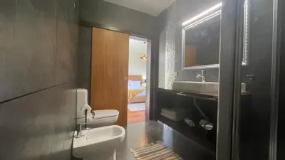 a bathroom with a toilet and a sink and a mirror at Villa Camacho xxvii in Arco da Calheta
