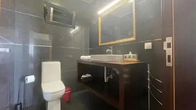 a bathroom with a toilet and a sink and a mirror at Villa Camacho xxvii in Arco da Calheta