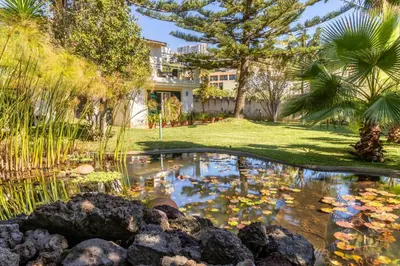 a koi pond in the yard of a house at Villa Echium T1 in Caniço