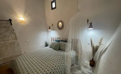 a bedroom with a bed with a mosquito net at Casa da Estrelinha in Carrapateira