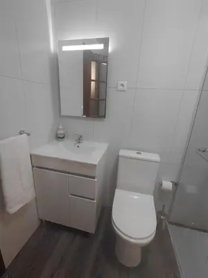 a white bathroom with a toilet and a sink at Cayenne House in Santa Cruz