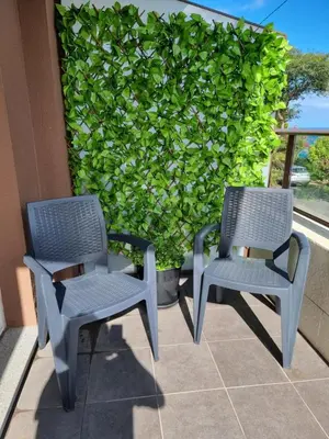 two chairs on a patio with a green hedge at Casa Savannah Sun in Caniço