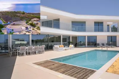 a collage of photos of a house with a swimming pool at Ocean view Architectural Modern Villa in Burgau