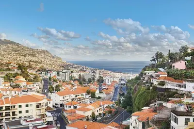 an aerial view of a city with houses and the ocean at Funchal House in Funchal