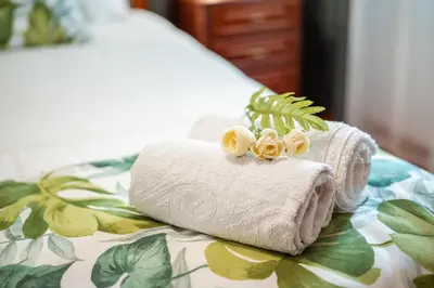 a pair of towels and a plant on a bed at Palm Tree House by Amazing Madeira in Câmara de Lobos