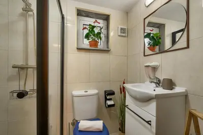a bathroom with a toilet and a sink and a shower at King Shelter by Homie in Porto Moniz