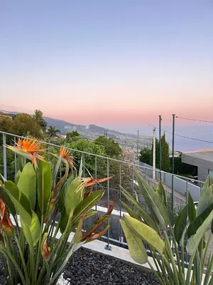 a view of a city from a balcony with plants at Villa Sundowner in Prazeres