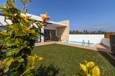 a backyard with a lawn and a swimming pool at Villa Alcione in Sagres