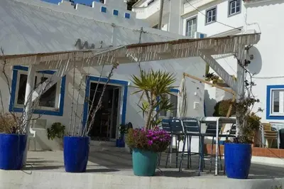 a group of potted plants in front of a building at Burgau Village and Sea in Burgau