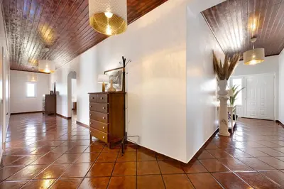 a hallway with a mirror and a potted plant at Villa Oliveira in Aljezur