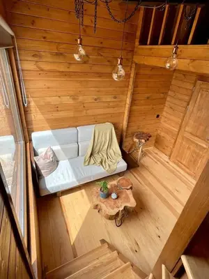 an overhead view of a sauna with a bed and a table at Mountain Eco Shelter 4 in Funchal
