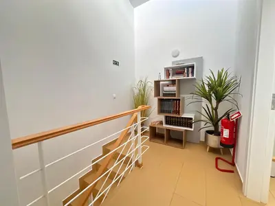 a hallway with stairs and plants in a house at Golden Beach House in Porto Santo
