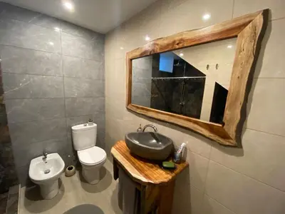 a bathroom with a toilet and a sink and a mirror at Penha D'Águia Villa in Porto da Cruz