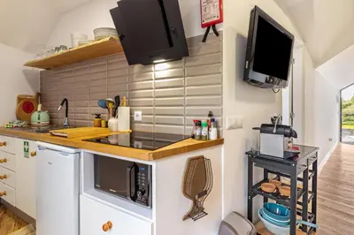 a kitchen with a counter and a tv on the wall at Cork House - Fernandes Cottage in Ponta Delgada