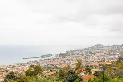 a view of a city with a boat in the water at Garden House in Funchal