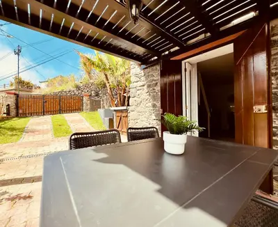 a table with a potted plant on a patio at Typical House -Madeira Inn Group in Calheta