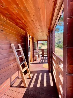 a porch of a wooden cabin with a ladder at Mountain Eco Shelter 8 in Funchal