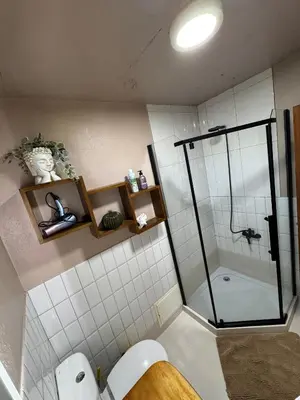 a bathroom with a shower stall and a toilet at Victoria Ocean View Room in Ponta do Pargo