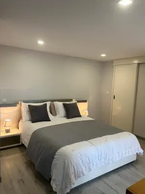 a bedroom with a large bed with pillows at Tropical Garden in Arco da Calheta